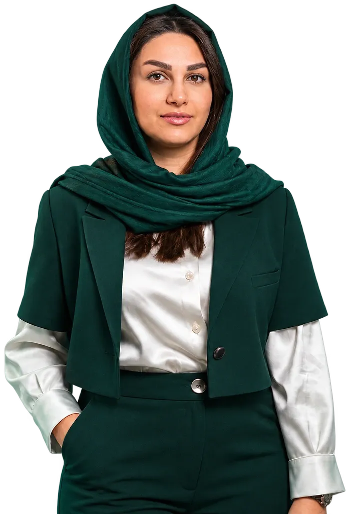 نیلوفر رزمپا، مشاور کسبوکار، با کت و شلوار سبز تیره و شال سبز